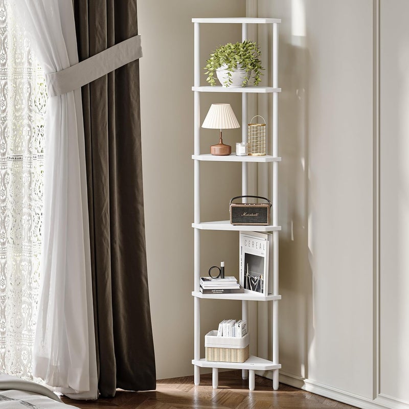 IRCPEN 6 Tier Corner Shelf, 66.5'' Tall Standing Shelf, Narrow Display Shelf Stand, Modern Corner Bookshelf, Plant Stand, Corner Bookcase for Living Room, Bedroom, Bathroom, White LCS502W - Image 1