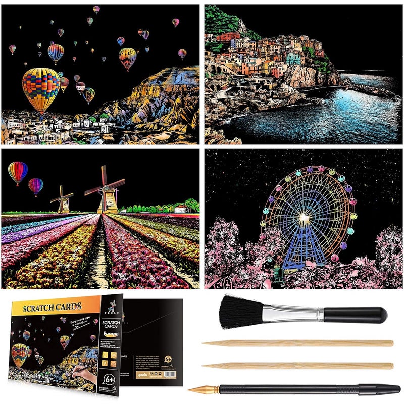 Scratch Art Rainbow Painting Paper A4 Craft Arts Supplies Set 4 Sheets with 4 Tools Pen DIY Crafts Scratchboard Painting Engraving Womens Hobbies Adults Kids Birthday Gift