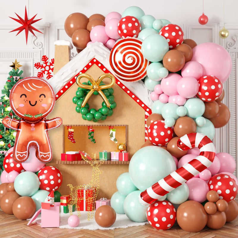 Biapian Gingerbread Balloon Arch Kit 115 Pcs Pastel Pink Christmas Party Decorations with Pink Green and Red Latex Candy Cane Gingerbread Man Balloons Foil for Christmas Cookie Xmas New Year Party Supplies - Image 3