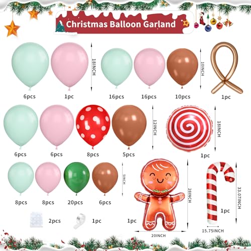 Biapian Gingerbread Balloon Arch Kit 115 Pcs Pastel Pink Christmas Party Decorations with Pink Green and Red Latex Candy Cane Gingerbread Man Balloons Foil for Christmas Cookie Xmas New Year Party Supplies - Image 5