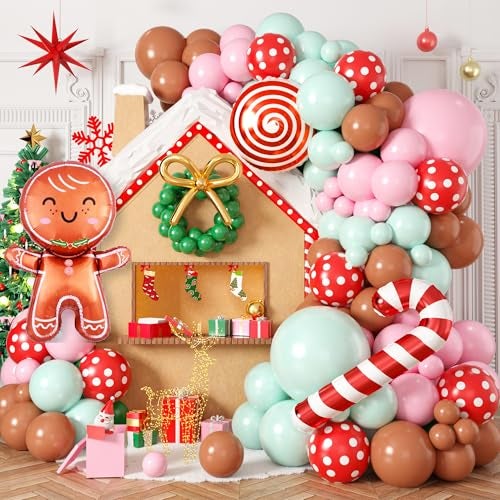 Biapian Gingerbread Balloon Arch Kit 115 Pcs Pastel Pink Christmas Party Decorations with Pink Green and Red Latex Candy Cane Gingerbread Man Balloons Foil for Christmas Cookie Xmas New Year Party Supplies - Image 1