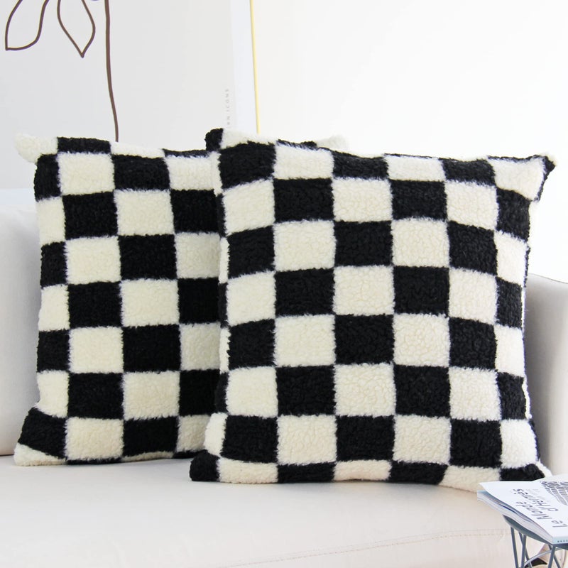 JOJUSIS Decorative Throw Pillow Covers Luxury Style Checkerboard Pattern Cushion Case Super Soft Faux Fur Wool Pillowcases for Couch Bedroom Pack of 2 Black 16 x 16Inch