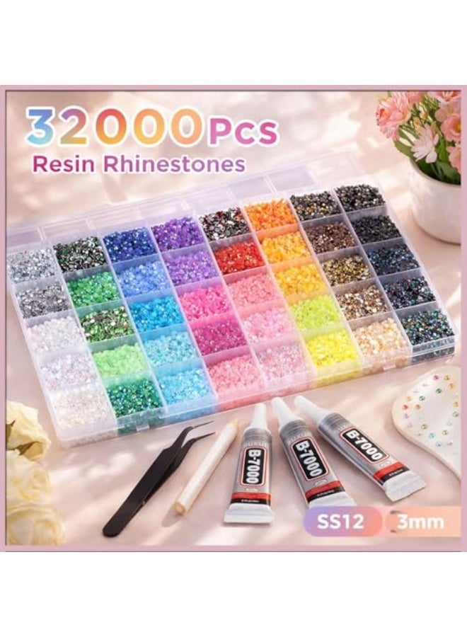 Bedazzling Kit 32000pcs 3mm, Resin Jelly Gems for Bedazzling with 3 Glues, Pickup Pen & Tweezers, DIY Bulk Rhinestones Set for Nail Art, Tumblers, Shoes, Clothing & Crafts (24 Colors) - Image 4