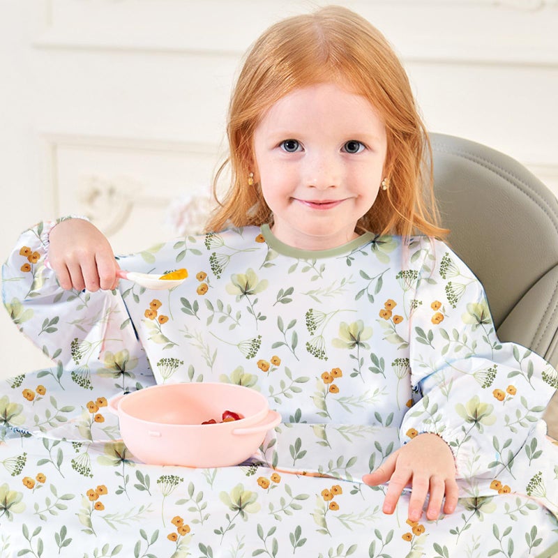 CoolaPeach 2-Pack Long Sleeve Baby Bib,Coverall Baby Bibs for Eating,Waterproof,Attaches to Highchair&Table,Ages 1 to 3 Years(Leaf) - Image 4