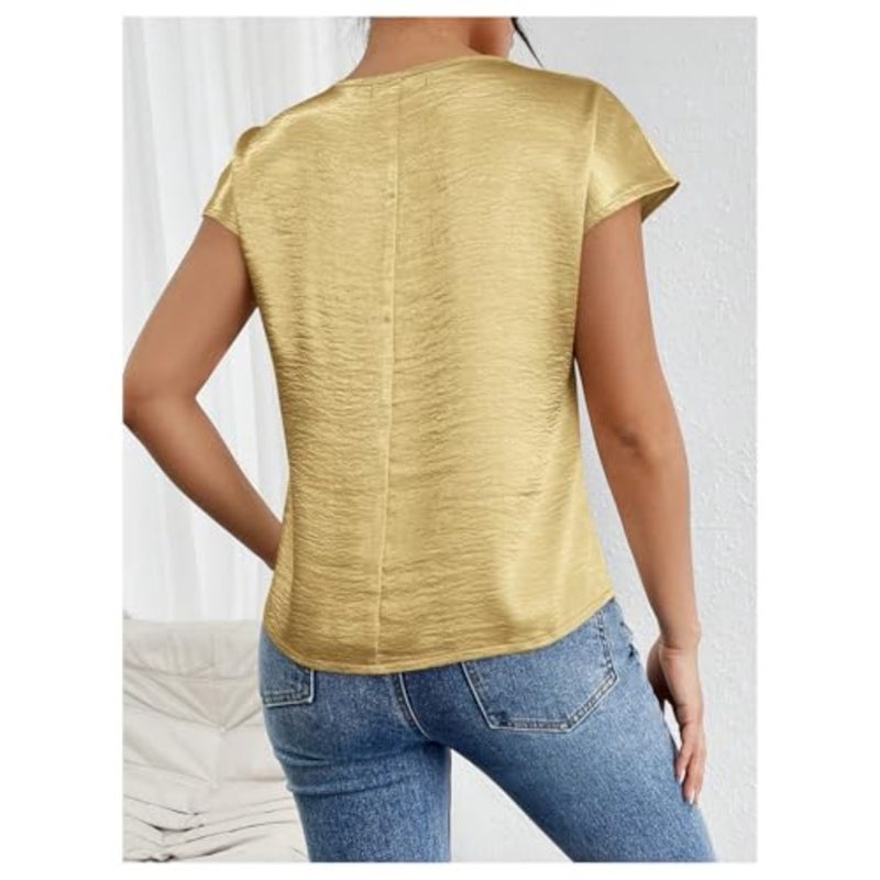 SweatyRocks Women's Crew Neck Satin Blouse Cap Short Sleeve Party Blouse Shirts Tops - Image 2