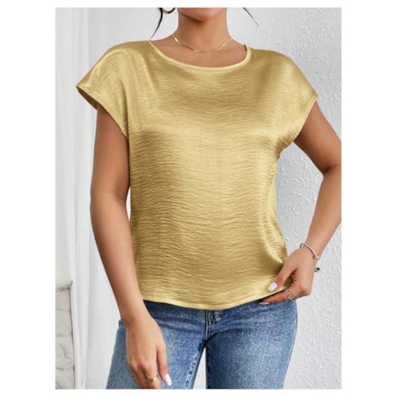 SweatyRocks Women's Crew Neck Satin Blouse Cap Short Sleeve Party Blouse Shirts Tops - Image 4