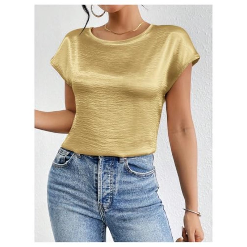 SweatyRocks Women's Crew Neck Satin Blouse Cap Short Sleeve Party Blouse Shirts Tops - Image 3