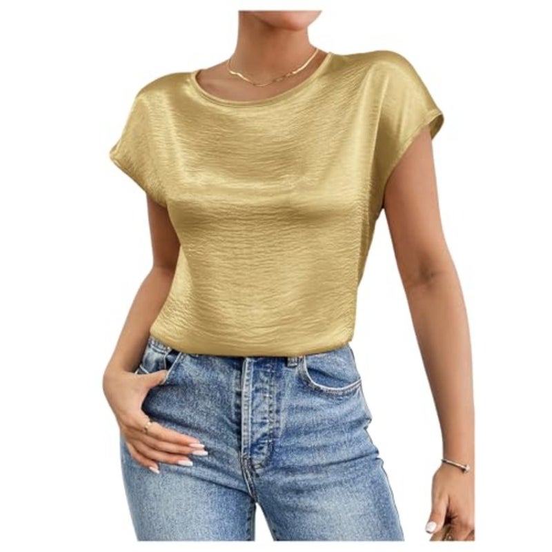 SweatyRocks Women's Crew Neck Satin Blouse Cap Short Sleeve Party Blouse Shirts Tops - Image 1