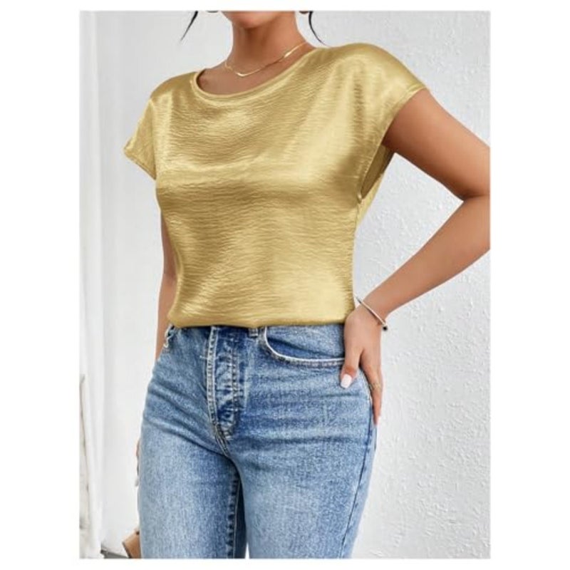 SweatyRocks Women's Crew Neck Satin Blouse Cap Short Sleeve Party Blouse Shirts Tops - Image 5