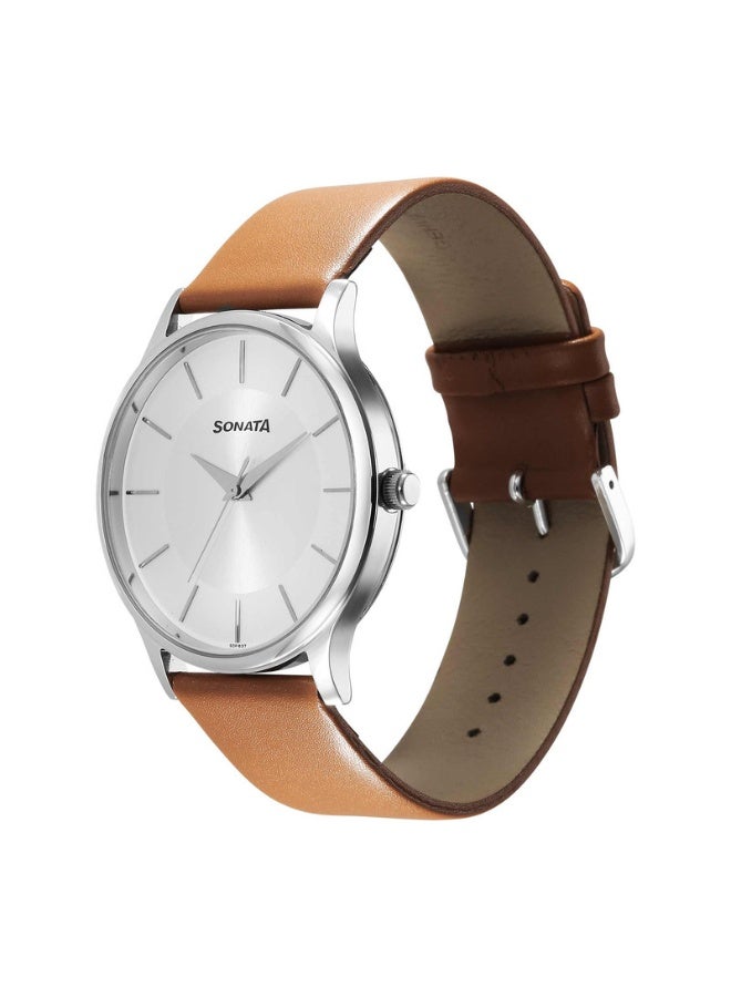 Sonata 77105SL16 Men's Watch – Silver Dial, Brown Leather Strap, Quartz Movement, 3 ATM Water Resistance - Image 3
