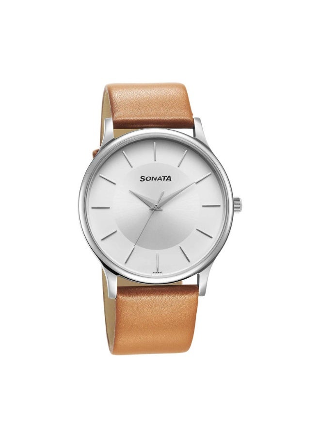 Sonata 77105SL16 Men's Watch – Silver Dial, Brown Leather Strap, Quartz Movement, 3 ATM Water Resistance - Image 1