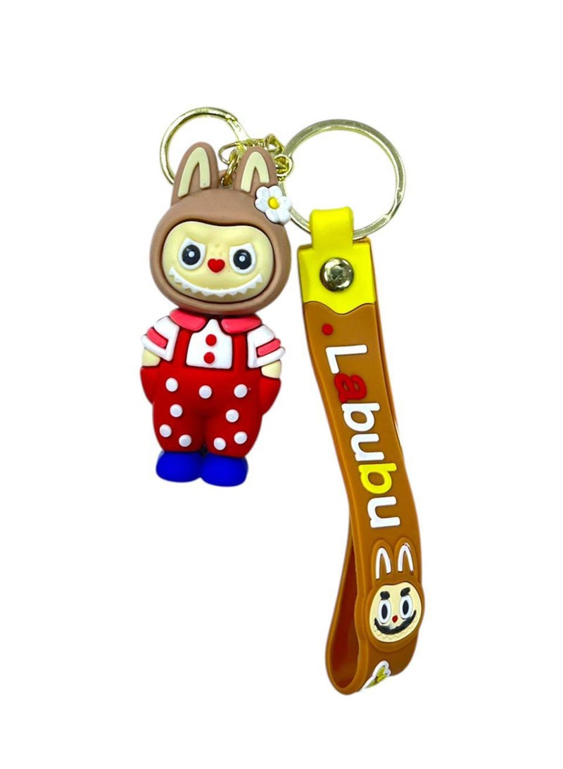 Monsters Labubu Keychain – Red Polka Dot Design with Brown Strap 🧡🎈 A cute and cheerful keychain featuring the popular Labubu character, perfect for keys or as a bag decoration. A great gift for kids and adults!