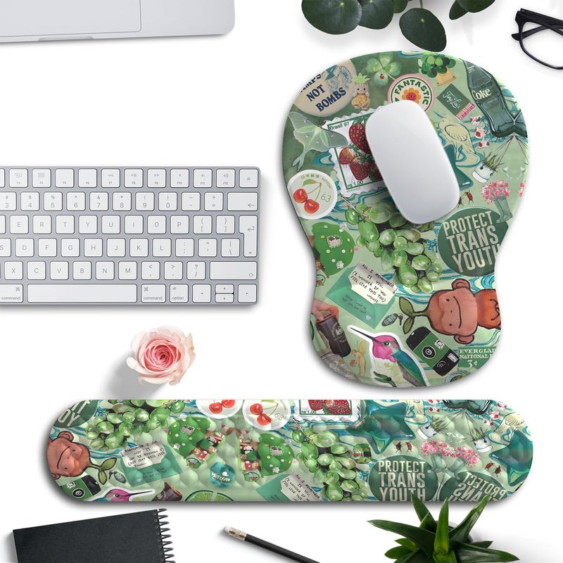 Mechanical Cattle Mint Green Keyboard Wrist Rest Support Mouse Pad&Keyboard Set, Cute Green Ergonomic Mousepad Non-Slip Base Desk/Office Pain Relief&Easy Typing Pad with Neoprene Cloth&Raised Curved Memory Foam - Image 1