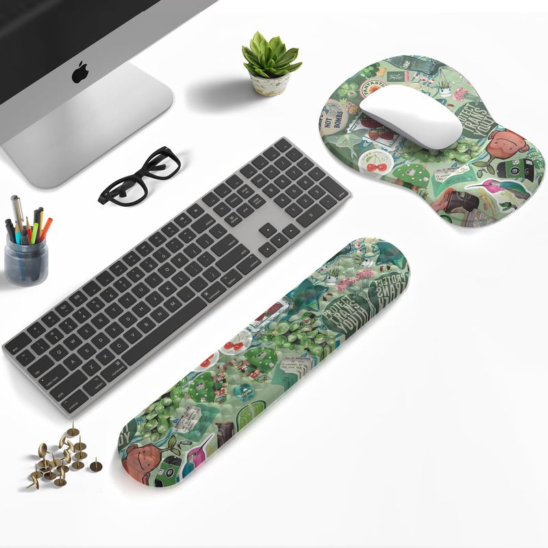 Mechanical Cattle Mint Green Keyboard Wrist Rest Support Mouse Pad&Keyboard Set, Cute Green Ergonomic Mousepad Non-Slip Base Desk/Office Pain Relief&Easy Typing Pad with Neoprene Cloth&Raised Curved Memory Foam - Image 2