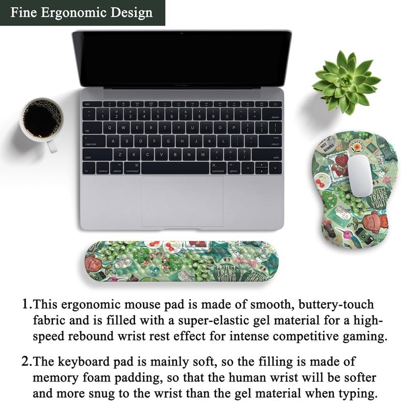 Mechanical Cattle Mint Green Keyboard Wrist Rest Support Mouse Pad&Keyboard Set, Cute Green Ergonomic Mousepad Non-Slip Base Desk/Office Pain Relief&Easy Typing Pad with Neoprene Cloth&Raised Curved Memory Foam - Image 4