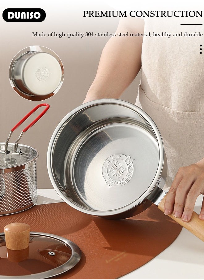 DUNISO Deep Fryer Pot with Fry Basket, Stainless Steel Oil Strainer Pot, Food Cooking Pot With Lid, Deep Fry Pan with Easy Grip Handle for Home Use, Stovetop Fryer with Basket for French Fries, Chicken Wings  - Image 3