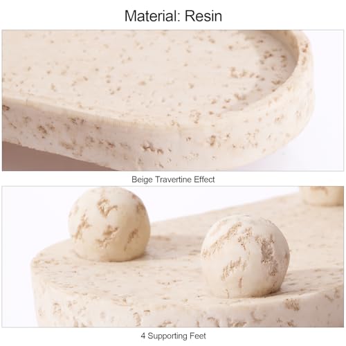 DN DECONATION Resin Decorative Tray with Legs, 4 Footed Coffee Table Trays Decor, Travertine Look Vanity Tray for Perfume Jewelry Bathroom Soap Kitchen Countertop Dresser, Oval 9.53x1.97in - Image 4