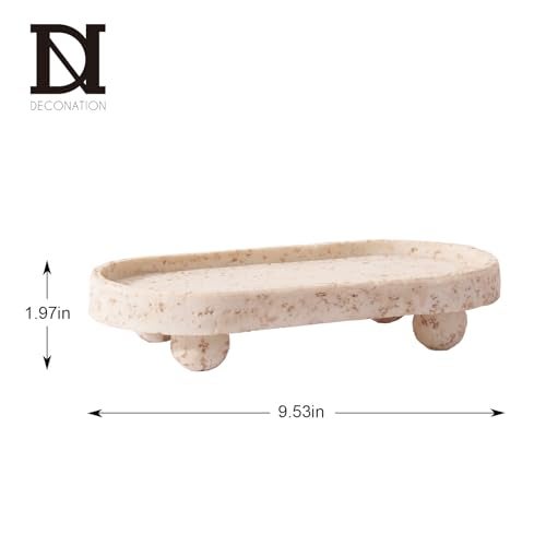 DN DECONATION Resin Decorative Tray with Legs, 4 Footed Coffee Table Trays Decor, Travertine Look Vanity Tray for Perfume Jewelry Bathroom Soap Kitchen Countertop Dresser, Oval 9.53x1.97in - Image 3