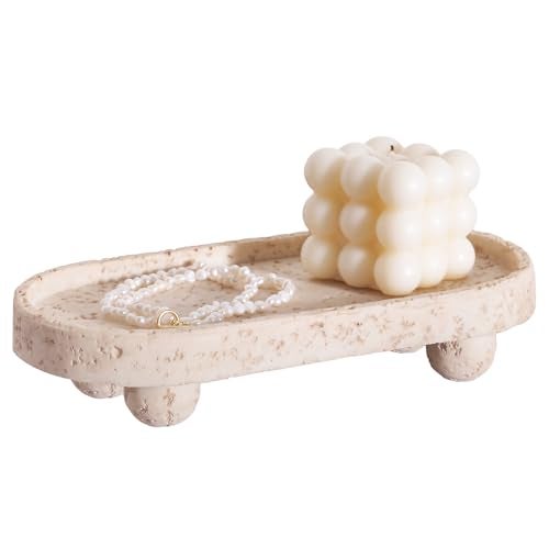 DN DECONATION Resin Decorative Tray with Legs, 4 Footed Coffee Table Trays Decor, Travertine Look Vanity Tray for Perfume Jewelry Bathroom Soap Kitchen Countertop Dresser, Oval 9.53x1.97in - Image 1
