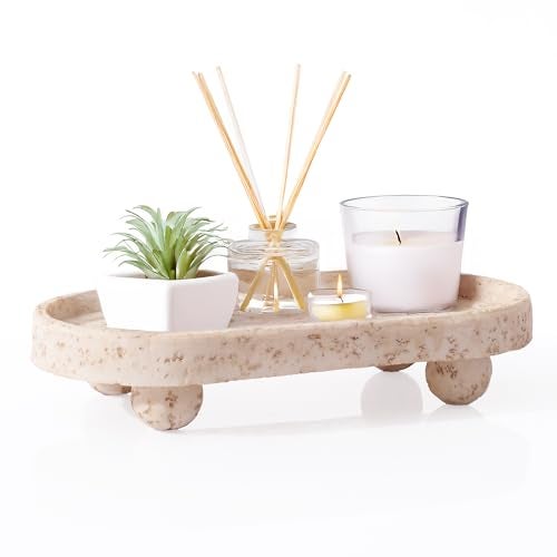 DN DECONATION Resin Decorative Tray with Legs, 4 Footed Coffee Table Trays Decor, Travertine Look Vanity Tray for Perfume Jewelry Bathroom Soap Kitchen Countertop Dresser, Oval 9.53x1.97in - Image 5