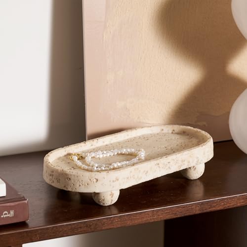 DN DECONATION Resin Decorative Tray with Legs, 4 Footed Coffee Table Trays Decor, Travertine Look Vanity Tray for Perfume Jewelry Bathroom Soap Kitchen Countertop Dresser, Oval 9.53x1.97in - Image 2
