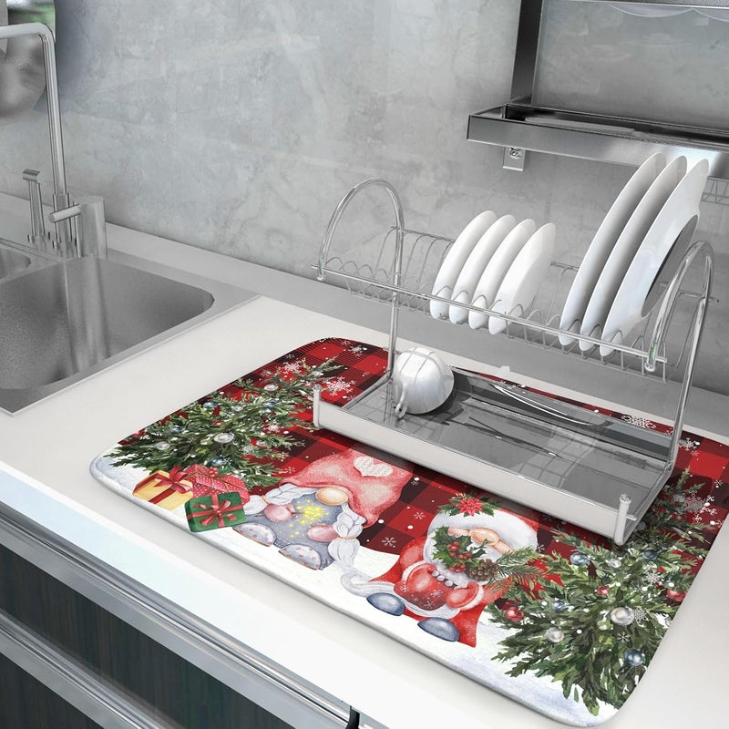 Giwawa Winter Gnome Dish Drying Mat 18x24 inch Christmas Elf Trees Snowflakes Dish Drainer Mats Large Black Red Buffalo Plaids Fast Drying Absorbent Dish Drying Pad for Kitchen Countertop Holiday Decor - Image 5