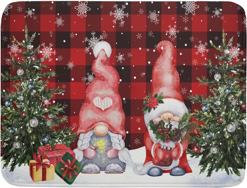 Giwawa Winter Gnome Dish Drying Mat 18x24 inch Christmas Elf Trees Snowflakes Dish Drainer Mats Large Black Red Buffalo Plaids Fast Drying Absorbent Dish Drying Pad for Kitchen Countertop Holiday Decor - Image 1