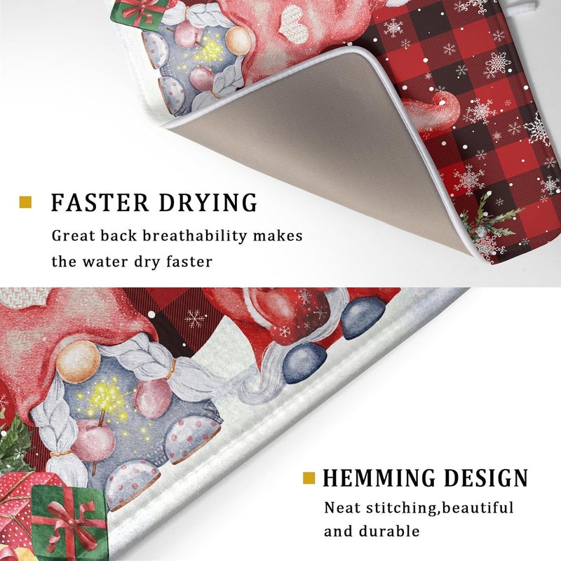 Giwawa Winter Gnome Dish Drying Mat 18x24 inch Christmas Elf Trees Snowflakes Dish Drainer Mats Large Black Red Buffalo Plaids Fast Drying Absorbent Dish Drying Pad for Kitchen Countertop Holiday Decor - Image 3