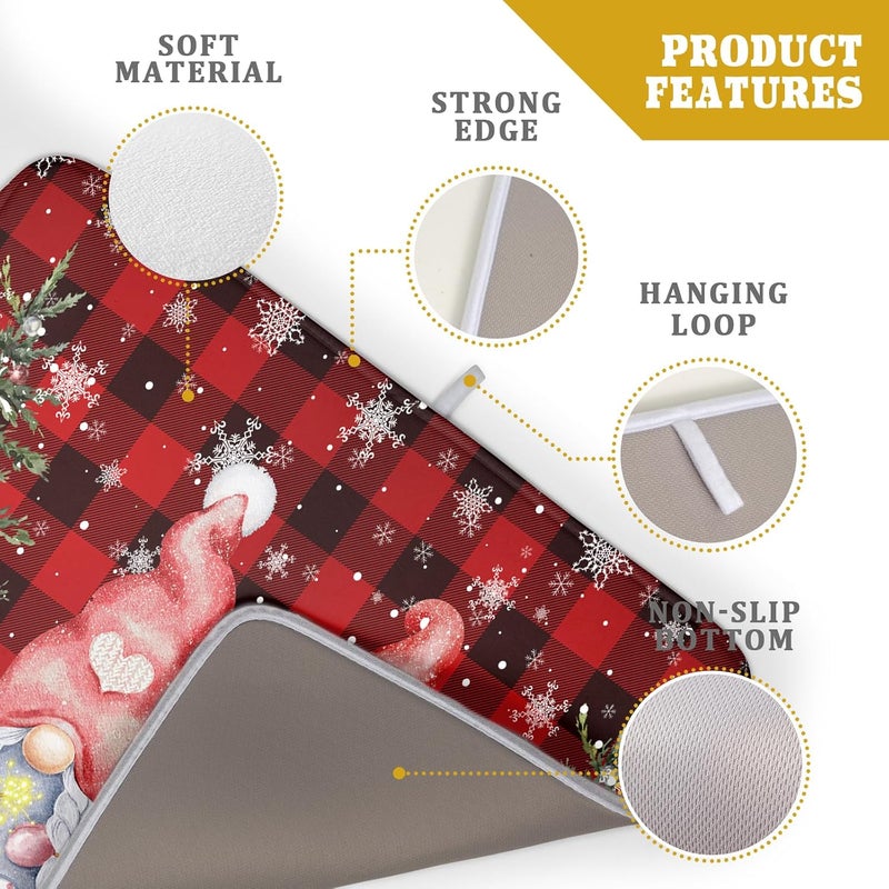 Giwawa Winter Gnome Dish Drying Mat 18x24 inch Christmas Elf Trees Snowflakes Dish Drainer Mats Large Black Red Buffalo Plaids Fast Drying Absorbent Dish Drying Pad for Kitchen Countertop Holiday Decor - Image 4