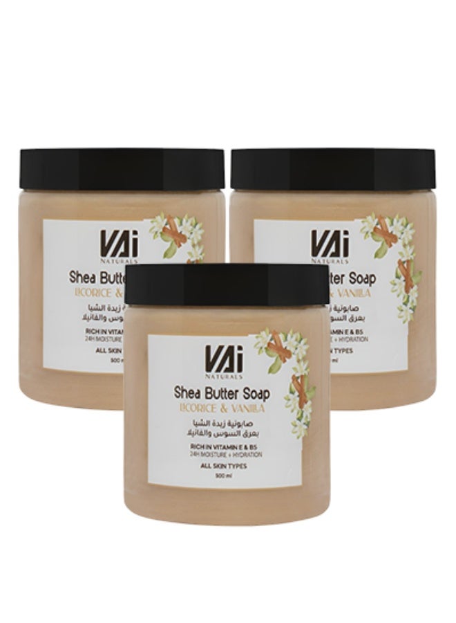 VAI 3 Pieces Shea Butter Soap Licorice And Vanilla Rich In Vitamin E And B5 24 Hour Moisture And Hydration 500ml - Image 1