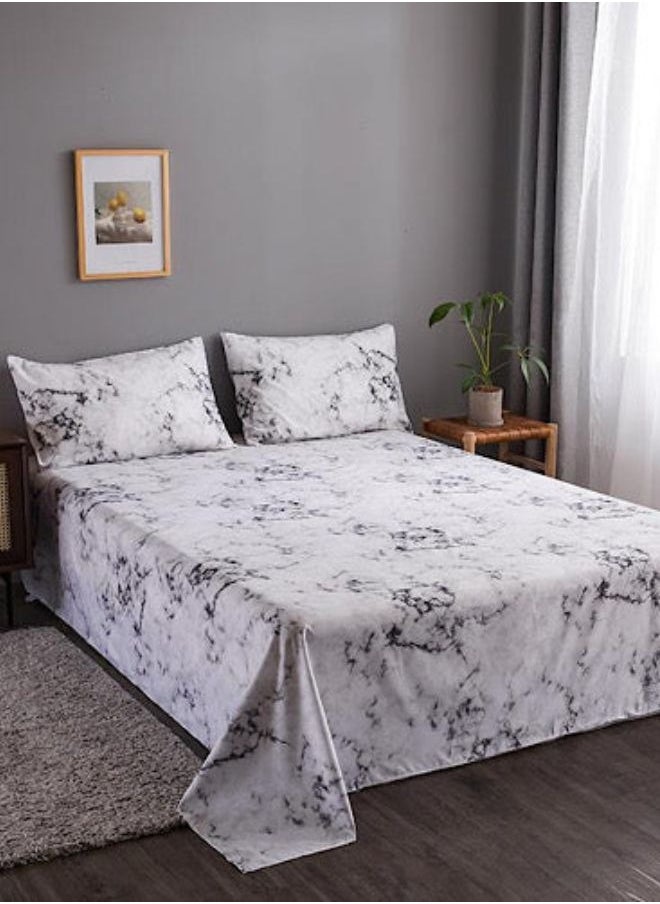LUNA Home 3 Pieces Flat Bedsheet 230*250cm. 2 Pillow cases - 50*75cm, White Marble Design.  - Image 1