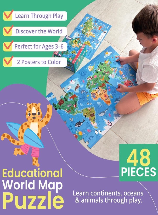 GroWonder Floor Puzzles for Kids Ages 3-5 4-6 Educational 48 Piece Animals of The World with 2 Giant Coloring Posters Preschool Learning Toy Geography Continents Oceans Fun Gift Screen Free Family Playtime - Image 2
