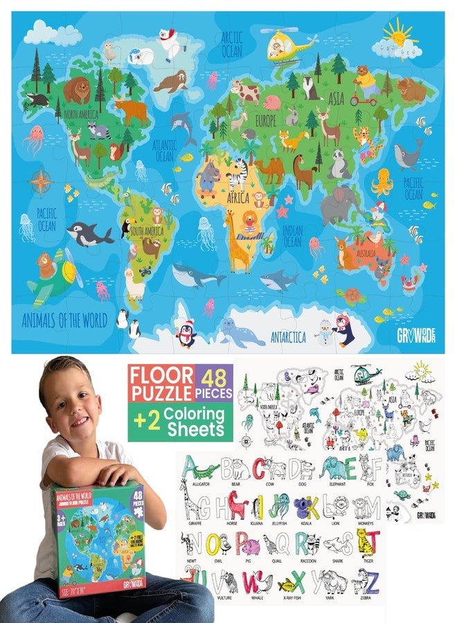GroWonder Floor Puzzles for Kids Ages 3-5 4-6 Educational 48 Piece Animals of The World with 2 Giant Coloring Posters Preschool Learning Toy Geography Continents Oceans Fun Gift Screen Free Family Playtime - Image 1