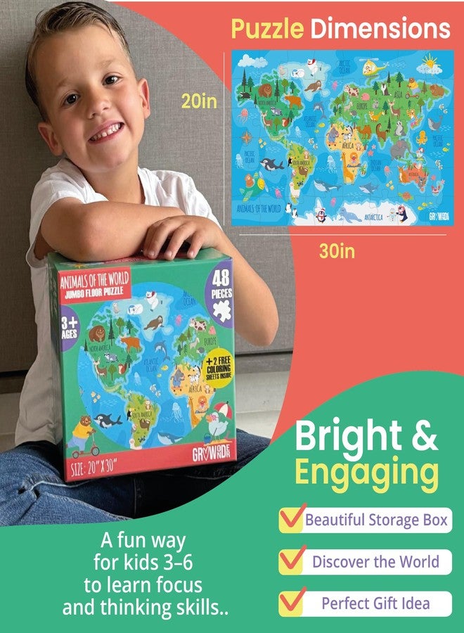 GroWonder Floor Puzzles for Kids Ages 3-5 4-6 Educational 48 Piece Animals of The World with 2 Giant Coloring Posters Preschool Learning Toy Geography Continents Oceans Fun Gift Screen Free Family Playtime - Image 3