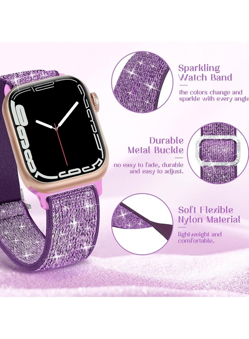 سوار نايلون مرن لامع متوافق مع سوار ساعة أبل 42 مم 44 مم 45 مم 46 مم 49 مم للنساء، أساور مرنة لامعة بحلقة فردية لسلسلة iWatch 10/9/8/7/6/5/Ultra/Ultra 2 (أرجواني) - Image 3