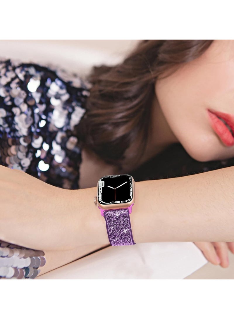 سوار نايلون مرن لامع متوافق مع سوار ساعة أبل 42 مم 44 مم 45 مم 46 مم 49 مم للنساء، أساور مرنة لامعة بحلقة فردية لسلسلة iWatch 10/9/8/7/6/5/Ultra/Ultra 2 (أرجواني) - Image 5