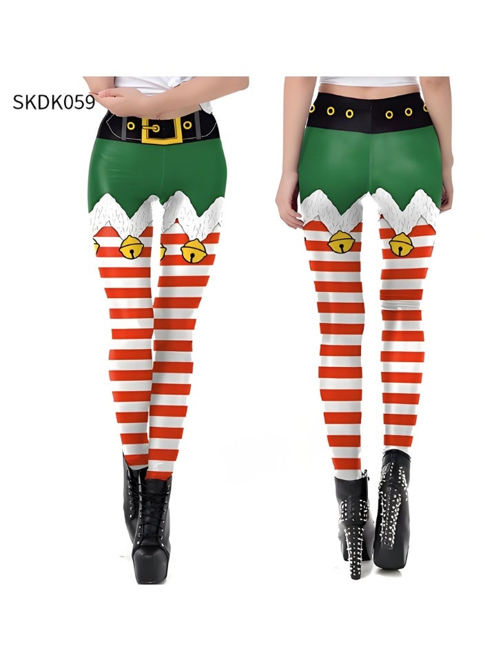 إسكدنيا النساء مطبوعة عيد الميلاد ملابس عالية الخصر عيد الميلاد ضيق العطلة بنطلون رقيقة - Image 2
