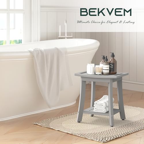BEKVEM Waterproof Shower Benches for Inside Shower, Poly Lumber Shower Stool with Storage Shelf & Adjustable Feet, SPA Bathroom Seat Chair for Shaving Legs, Indoor or Outdoor Use, Grey - Image 2