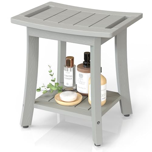 BEKVEM Waterproof Shower Benches for Inside Shower, Poly Lumber Shower Stool with Storage Shelf & Adjustable Feet, SPA Bathroom Seat Chair for Shaving Legs, Indoor or Outdoor Use, Grey - Image 1