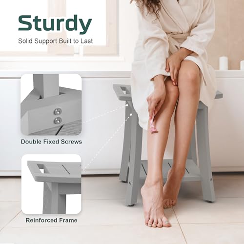 BEKVEM Waterproof Shower Benches for Inside Shower, Poly Lumber Shower Stool with Storage Shelf & Adjustable Feet, SPA Bathroom Seat Chair for Shaving Legs, Indoor or Outdoor Use, Grey - Image 4