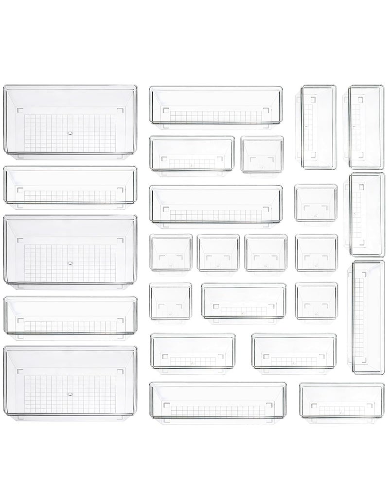 Sodynee Clear Plastic Drawer Organizer Storage - 25Pcs 4 Size Desk Bathroom Kitchen Organizers and Accessories Office Organization, Vanity Stackable Drawers Bins Trays Containers Dividers Makeup Sets - Image 1