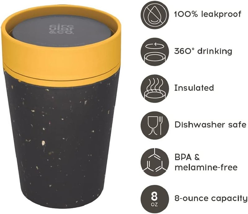 Circular and Co Leakproof Reusable Coffee Cup 8oz/227ml - The World's First Travel Mug Made from Recycled Cups, 100% Leak-Proof, Sustainable & Insulated. (Black & Electric Mustard) - Image 2
