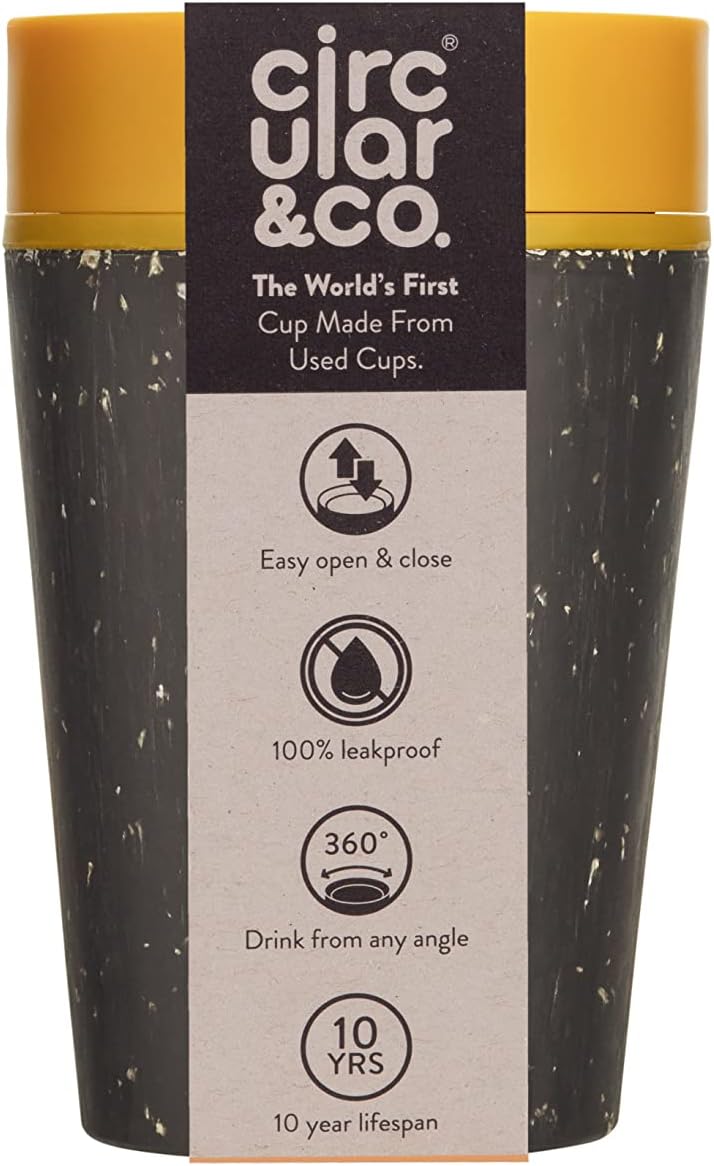 Circular and Co Leakproof Reusable Coffee Cup 8oz/227ml - The World's First Travel Mug Made from Recycled Cups, 100% Leak-Proof, Sustainable & Insulated. (Black & Electric Mustard) - Image 1