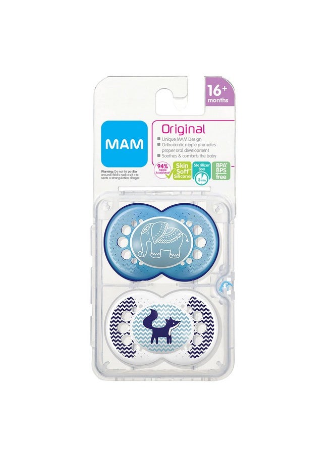 MAM Original Baby Pacifier Nipple Shape Helps Promote Healthy Oral Development Sterilizer Case 2 Pack 16+ Months Animal/Boy  - Image 2