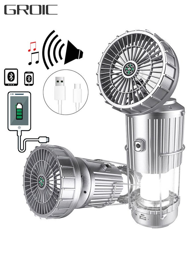 GROIC LED Camping Lantern with Bluetooth Speaker Compass and Fan Hang USB Rechargeable Tent Fan Tent Light IPX6 Waterproof for Camping Hiking Car, Camping Gear Must Haves  - Image 1