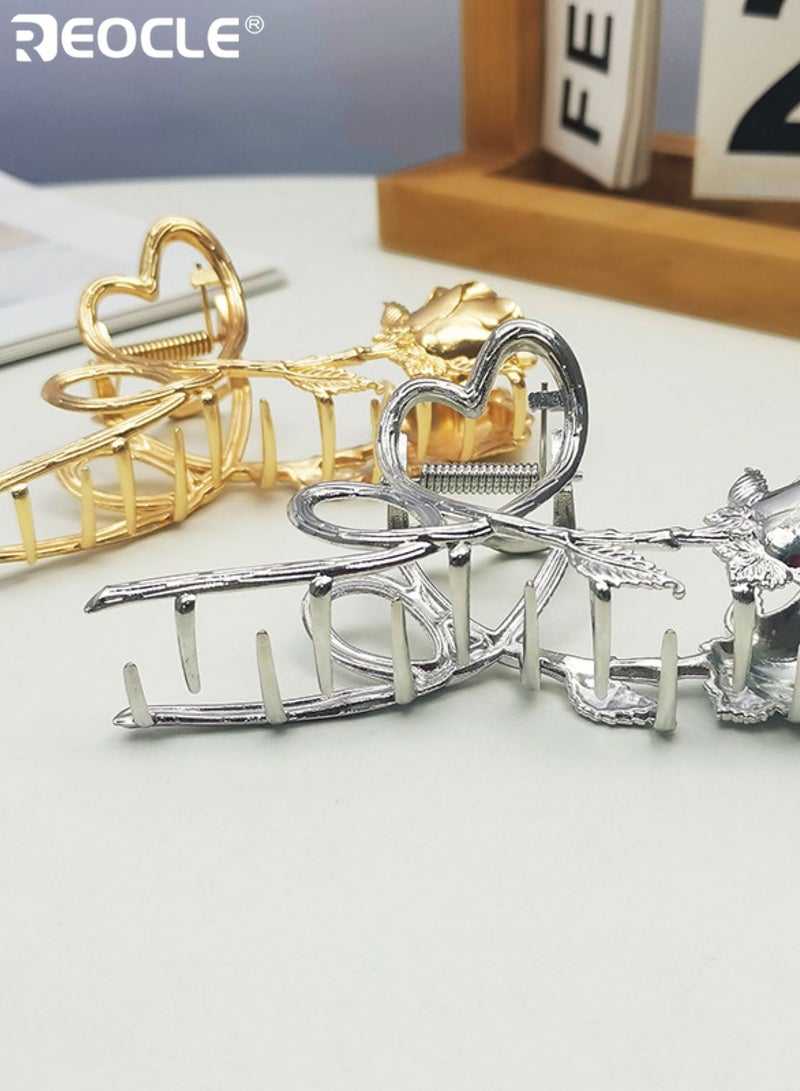 REOCLE Women's Elegant Hairpin Heart & Rose Motif Hair Claw Clip Decorative Hair Accessory Sturdy Styling Clip for Daily Use - Image 5