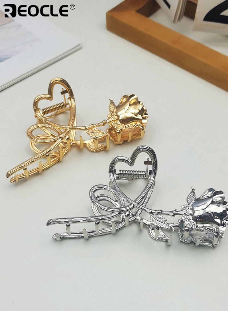 REOCLE Women's Elegant Hairpin Heart & Rose Motif Hair Claw Clip Decorative Hair Accessory Sturdy Styling Clip for Daily Use - Image 4
