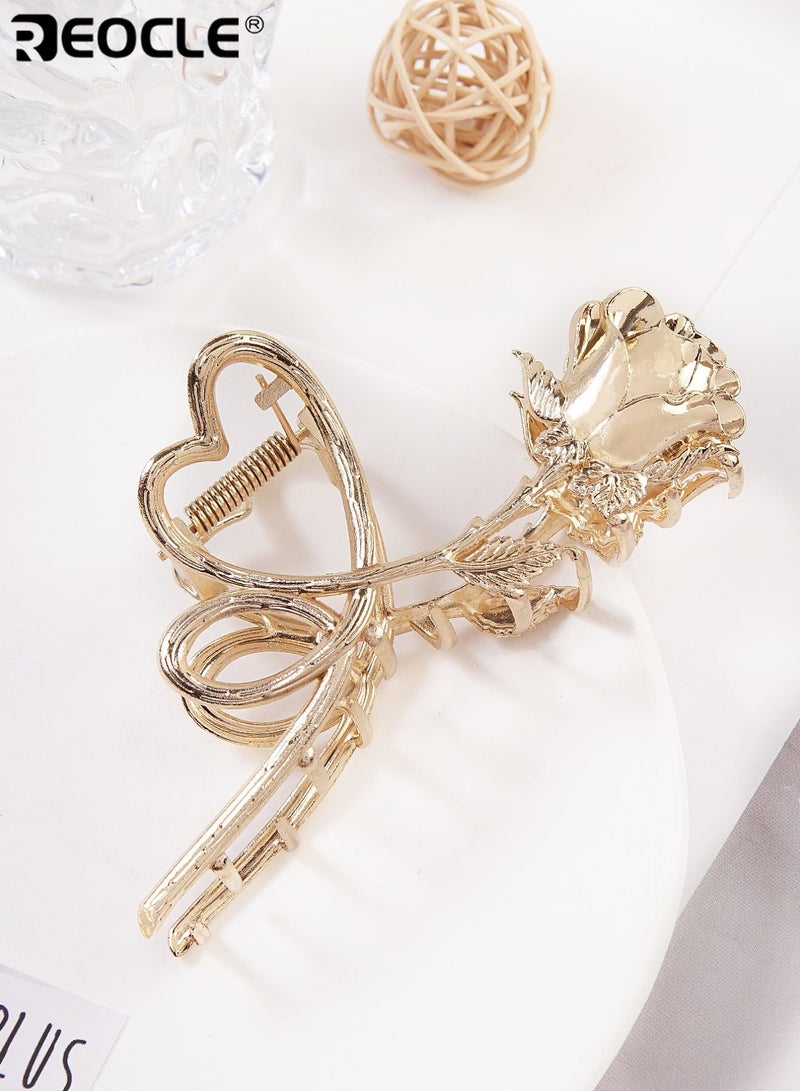 REOCLE Women's Elegant Hairpin Heart & Rose Motif Hair Claw Clip Decorative Hair Accessory Sturdy Styling Clip for Daily Use - Image 2