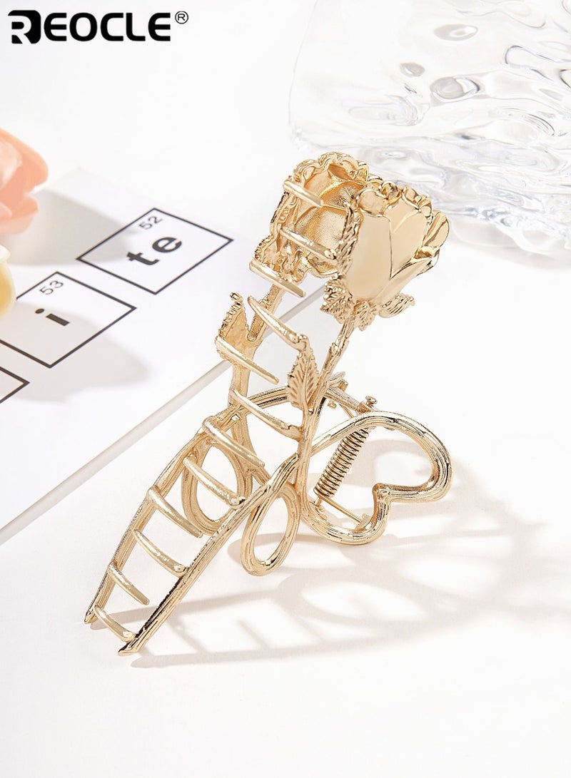 REOCLE Women's Elegant Hairpin Heart & Rose Motif Hair Claw Clip Decorative Hair Accessory Sturdy Styling Clip for Daily Use - Image 3