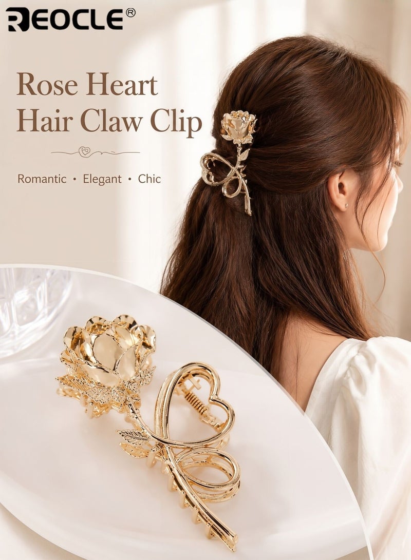 REOCLE Women's Elegant Hairpin Heart & Rose Motif Hair Claw Clip Decorative Hair Accessory Sturdy Styling Clip for Daily Use - Image 1